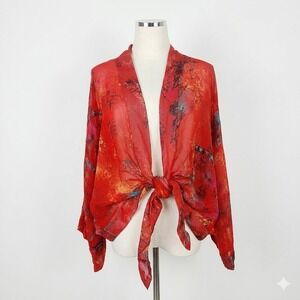 Chico's Silk Asian Calligraphy Tie Front Top Size 2 L Red Batik Kimono Wrap